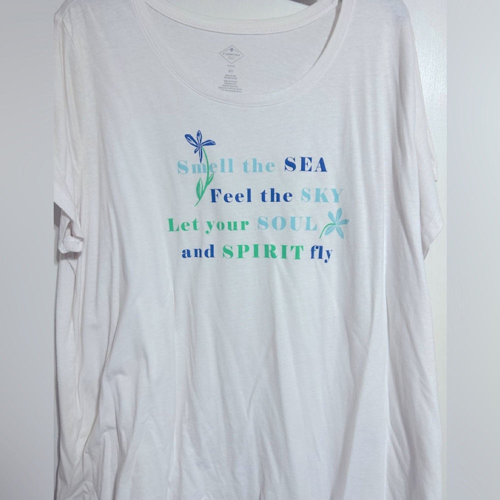 White Graphic Tee with Blue and Green Text